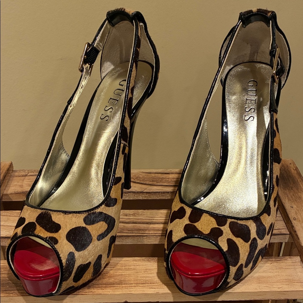 Guess Leopard Print Peep Toe Heels - Red and Tan